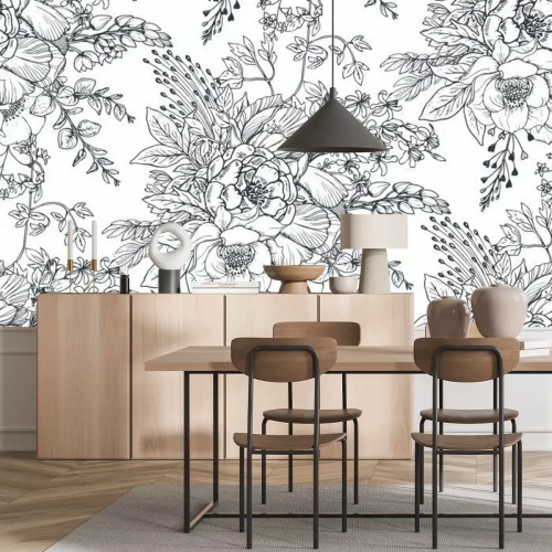 Fotobehang Zwart-wit patroon met bloemen