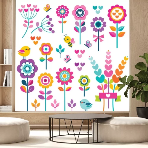 Sticker Bloemen vogels bijen vlinders veelkleurige illustratie