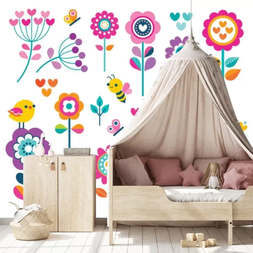 Sticker Bloemen vogels bijen vlinders veelkleurige illustratie