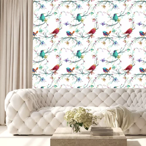 Behang Kleurrijke vogels op bomen en takjes