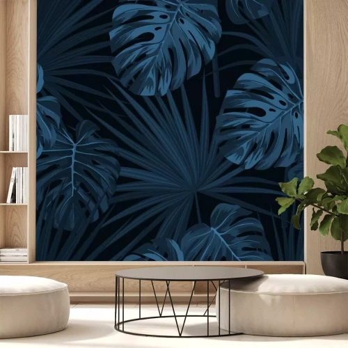 Fotobehang Blauw patroon met jungle planten
