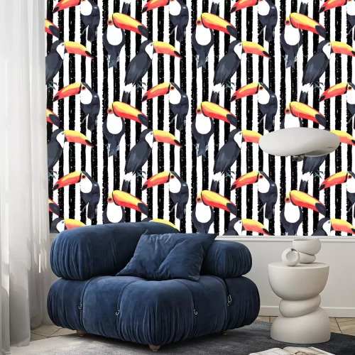 Behang Toekans op zwarte en witte strepen