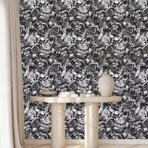 Behang Auto-onderdelen in zwart en wit