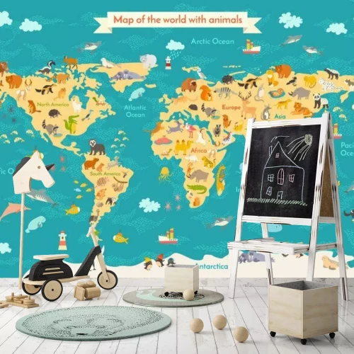 Fotobehang Wereldkaart met dieren voor kinderen