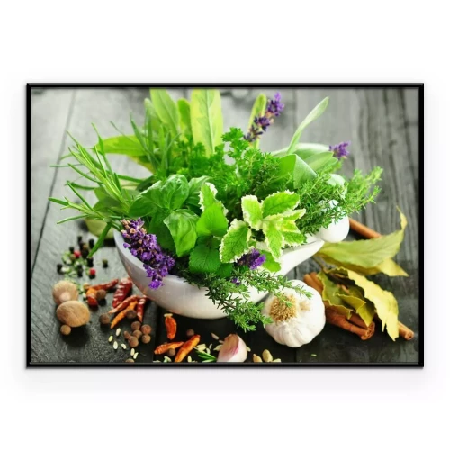 Poster Een mix van verse kruiden en specerijen op een houten aanrecht.