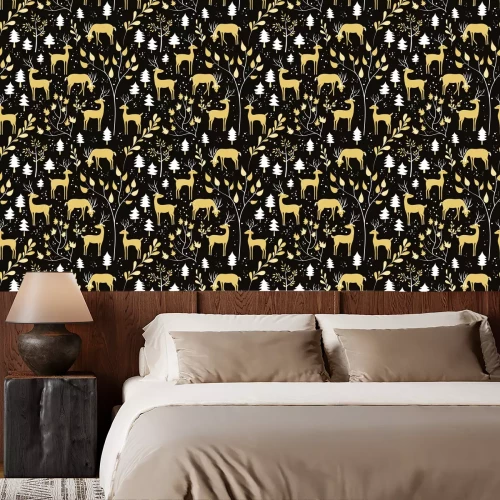 Behang Naadloos patroon met herten in de winterbos