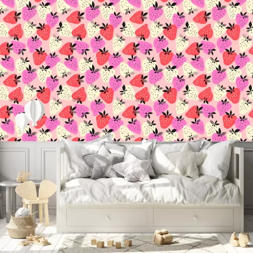 Behang Aardbeifruit in drie kleurenpatroon