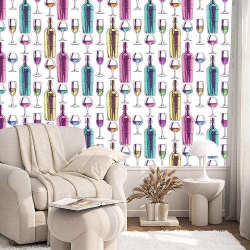Behang naadloze flessen wijn en glazen