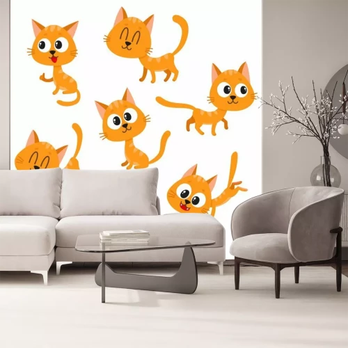 Sticker Reeks leuke en grappige rode kat karakter met verschillende emoties, spelen, slapen, zitten, staan, cartoon vector illustratie op een witte achtergrond. De leuke en grappige rode kat karakter