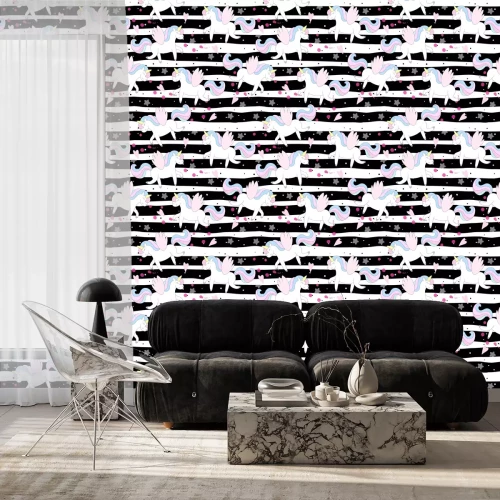 Behang Afbeeldingen met eenhoorns op een gestreepte achtergrond