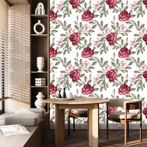 Behang Bourgondische rozen geschilderd met romantische grafische kleurpotloden