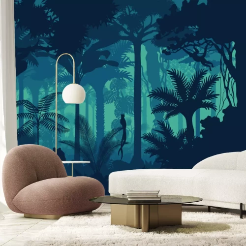 Sticker Vector avond tropisch regenwoud Jungle achtergrond met jaguar, luiaard, aap en qetzal