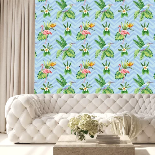 Behang Naadloze samenstelling van tropische vogel bloemen en planten blauwe zigzag achtergrond