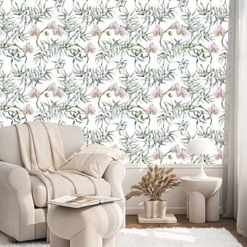 Behang Aquarel tropische patroon met eucalyptus en witte orchideeën. Hand geschilderde exotische ornament met takken met bladeren op een witte achtergrond. Natuurlijke druk voor ontwerp, stof.