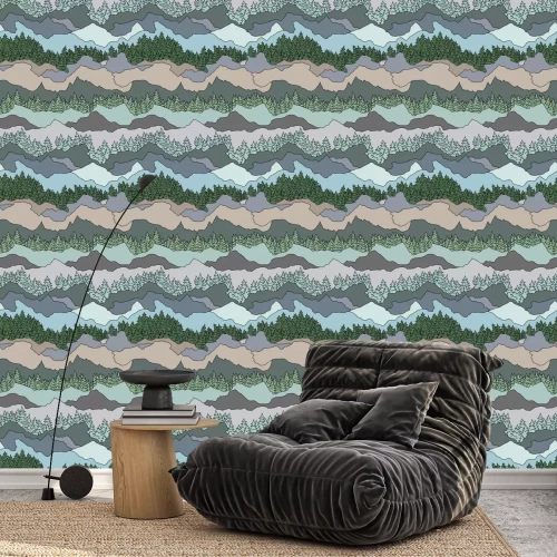 Behang naadloze patroon met bomen en bergen