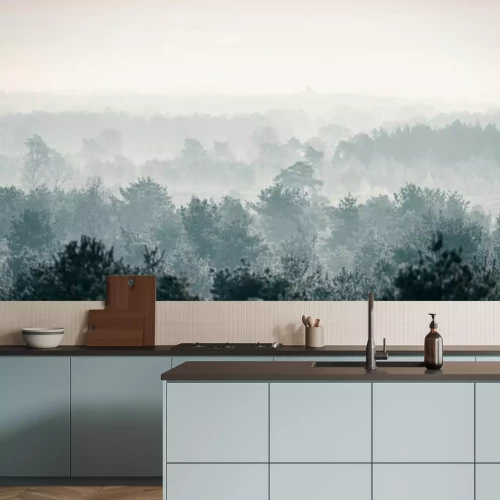 Fotobehang Mistige winterochtend in het bos, bos in de mist