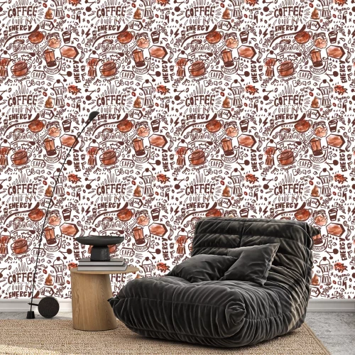 Behang naadloze inkt doodle koffie patroon op een witte achtergrond met waterverf vlekken, met de hand getekende vector illustratie