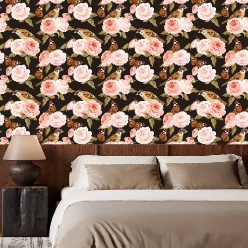 Behang Engelse rozen vogeltjes en vlinders