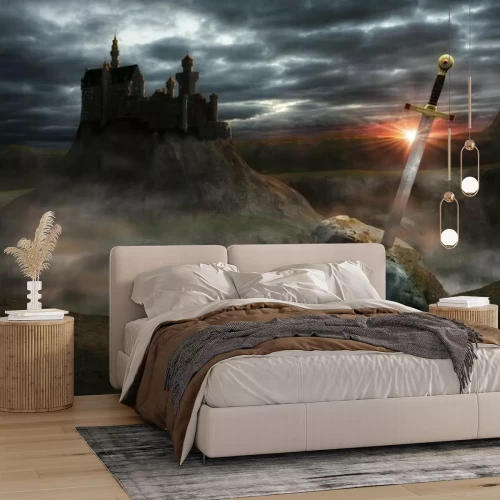 Fotobehang Zwaard en kasteel in een fantasiewereld