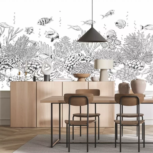 Fotobehang Minimalistische illustratie van vis en koraalrif in zwart-wit