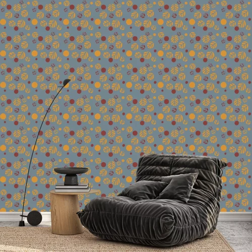 Behang Linden lindeboom afgerond bladeren patroon met berken, kersen blad op blauwe decoratieve sierachtergrond