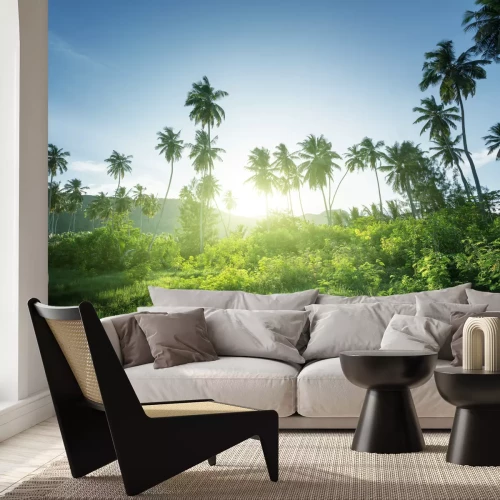 Fotobehang Zonnige jungle met palmbomen