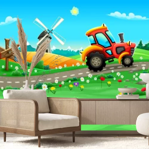 Fotobehang Sprookjestractor op het platteland voor kinderen