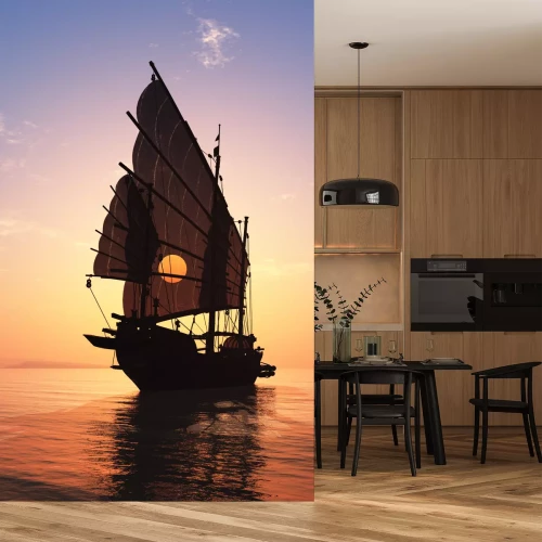 Fotobehang Oude boot met zeilen op een kleurrijke achtergrond.