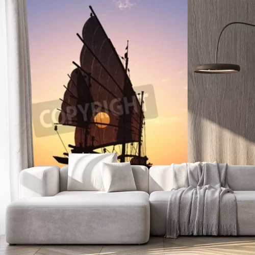 Fotobehang Oude boot met zeilen op een kleurrijke achtergrond.