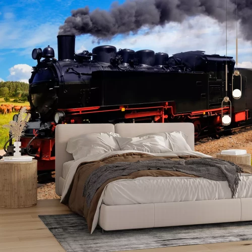 Fotobehang Trein met dieren op de achtergrond