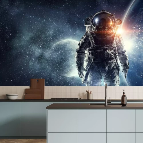 Fotobehang Astronaut op de achtergrond van de ruimte met planeten