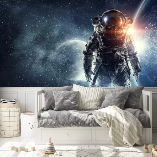 Fotobehang Astronaut op de achtergrond van de ruimte met planeten