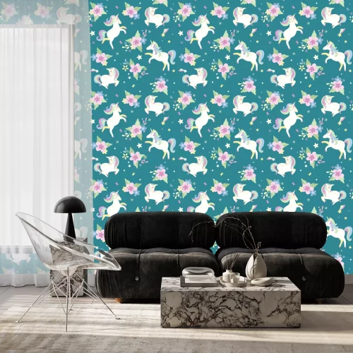 Behang Eenhoorns en bloemstukken