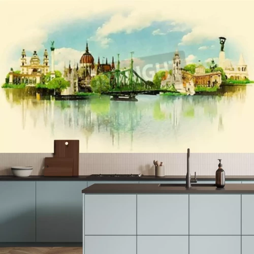 Fotobehang Waterverfillustratie De mening van Boedapest