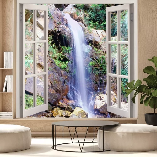 Fotobehang Uitzicht door het open raam op de waterval