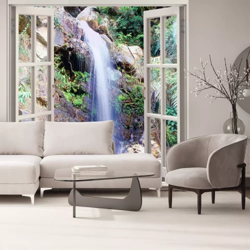 Fotobehang Uitzicht door het open raam op de waterval
