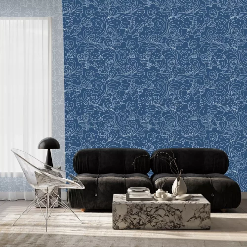 Behang Marineblauwe achtergrond met witte golven