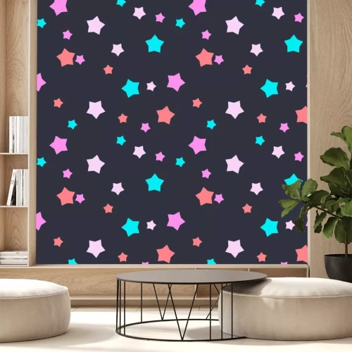 Sticker Naadloze vector patroon met mint, roze en blauwe sterren op donkere grijze achtergrond. Achtergrond voor kleding, productie, wallpapers, prenten, cadeaupapier en scrapbook.