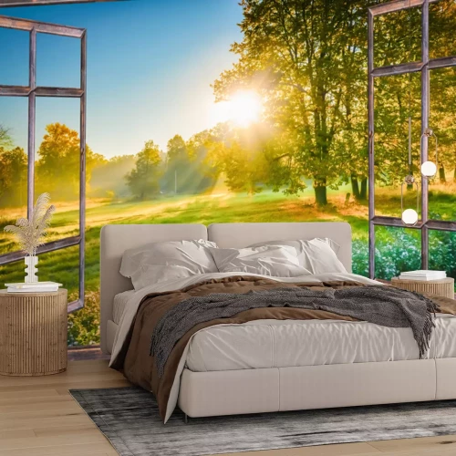 Fotobehang zonsopgang uitzicht vanuit het raam