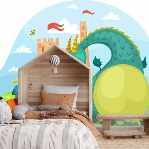 Sticker Een ridder die op een illustratie van een drakensprookje vooruitgaat