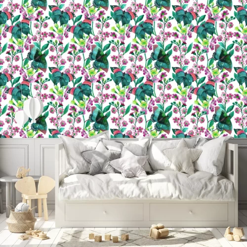 Behang Vlinder aan een paarse en groene bloem