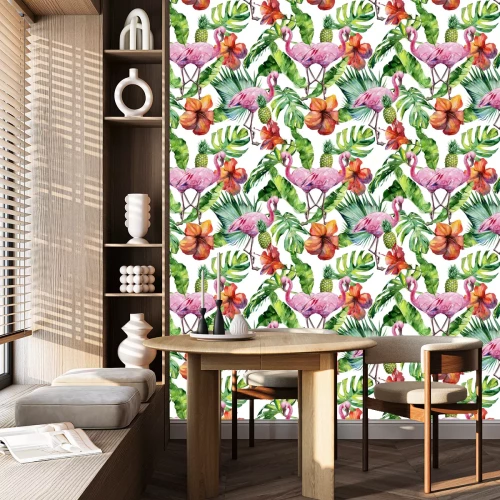 Behang Kleurrijke flamingo's en tropische bloemen