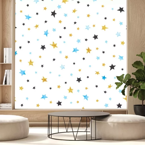 Sticker Naadloos sterrenpatroon. Vector viering achtergrond in blauwe, zwarte en gouden kleuren.