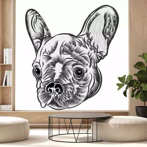 Sticker Kleine schattige Franse Bulldog puppy tattoo stijl concept op een witte achtergrond. Vriendelijk doggy portret. Vector illustratie.