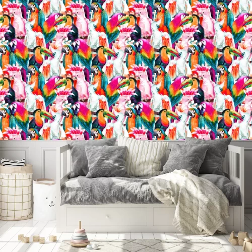 Behang Verschillende soorten kleurrijke papegaaien