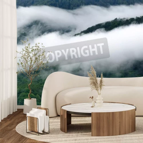 Fotobehang Dichte mistslierten over het bos