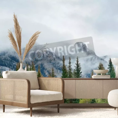 Fotobehang Besneeuwde piek tussen groen