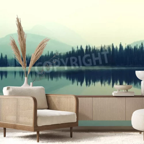 Fotobehang Pittoresk bos aan een meer