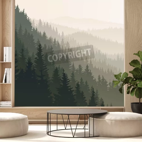 Fotobehang Grafisch bos in de ochtendmist