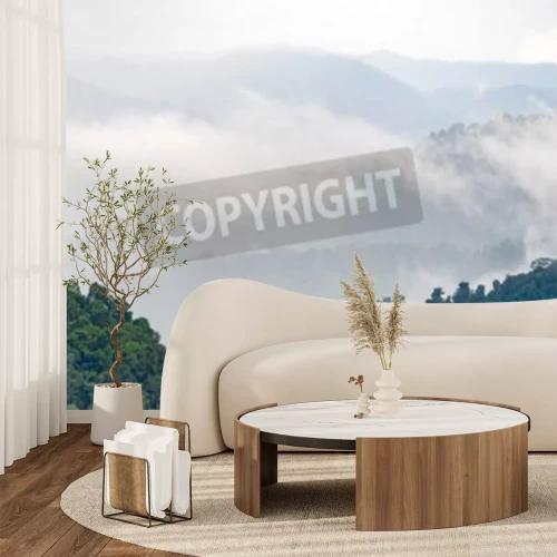 Fotobehang Bos aan de voet van bergtoppen